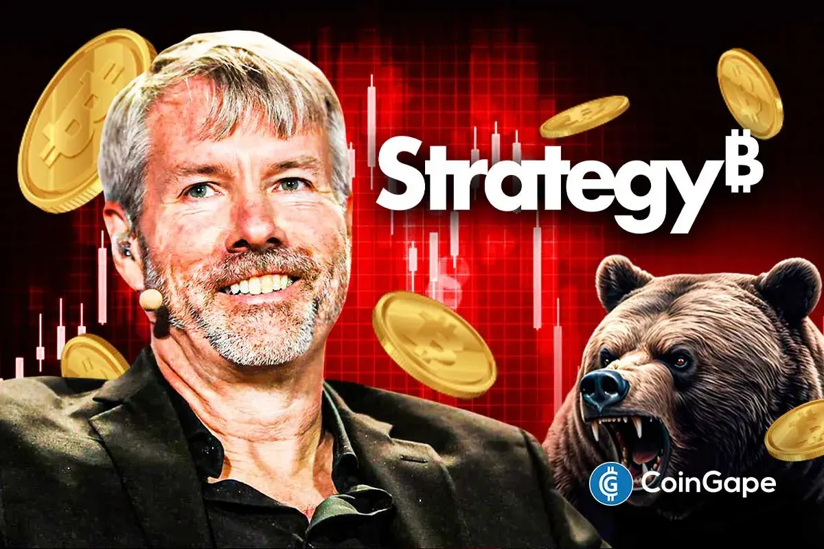 An image of Michael Saylor, Strategy and Bitcoin's logos