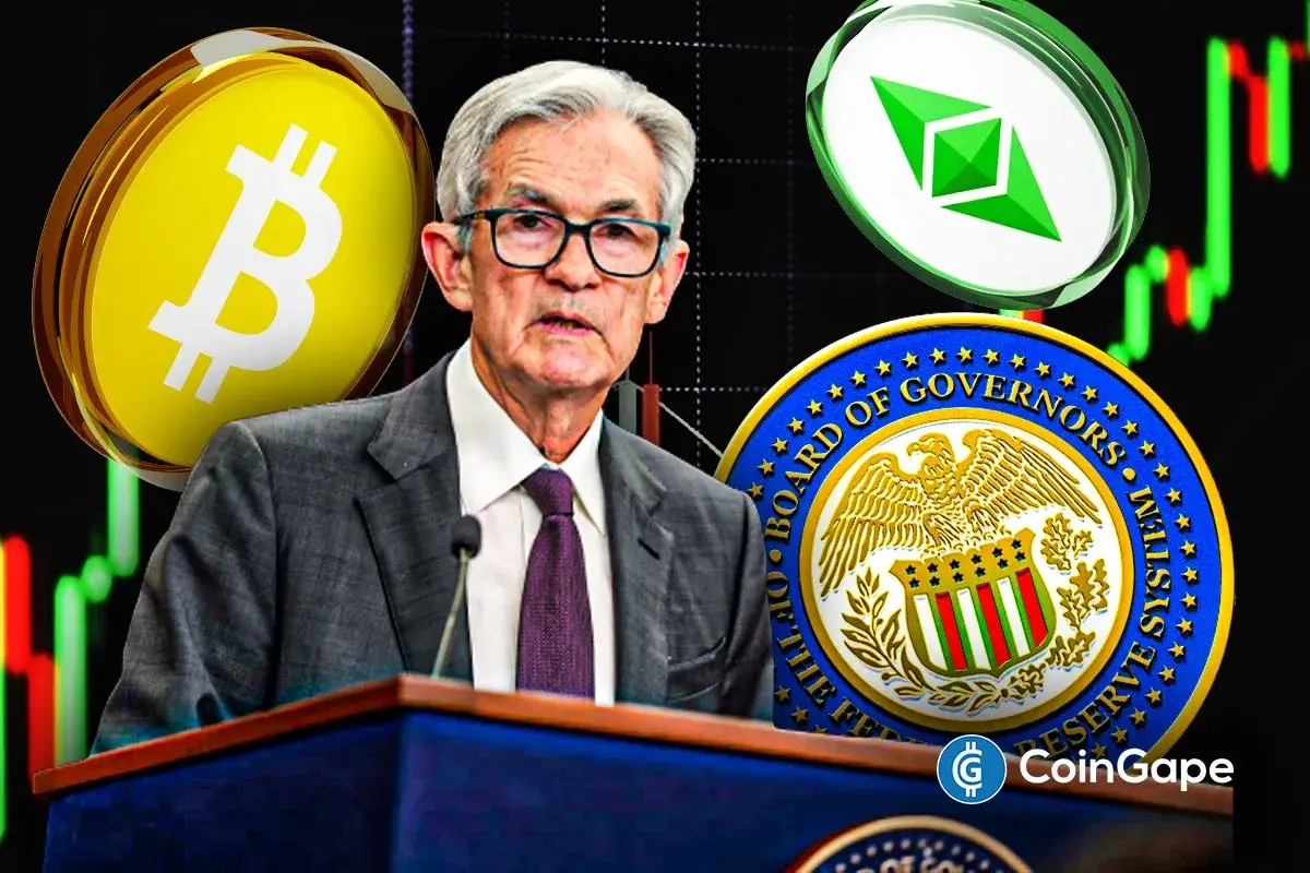 An image of Bitcoin, Ethereum logo and Jerome Powell's image alongside the Fed logo