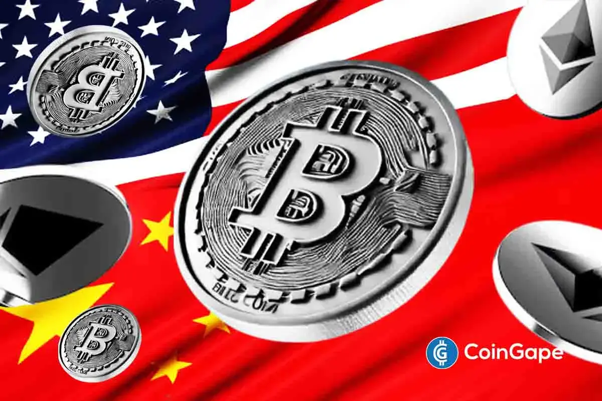 an image of the U.S. and China flags and Bitcoin logo