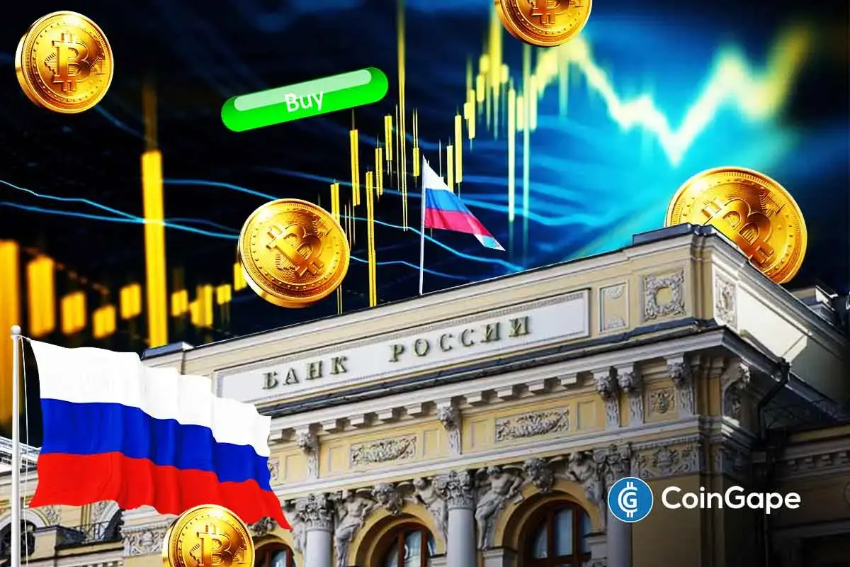 Bank of Russia building shown as Bitcoin charts rise, symbolizing regulated crypto trading approval under Russia’s new investor framework