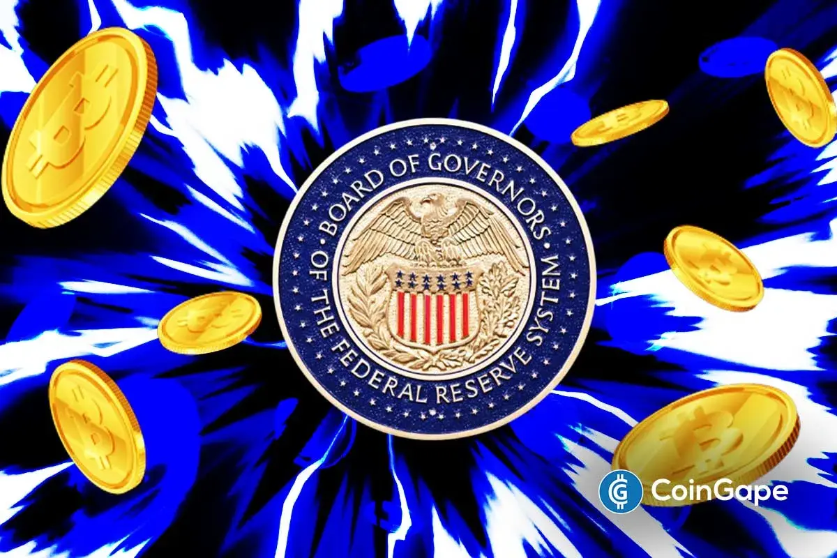Bitcoin coins surge around U.S. Federal Reserve seal, signaling market reaction to QT end and rate-cut expectations.