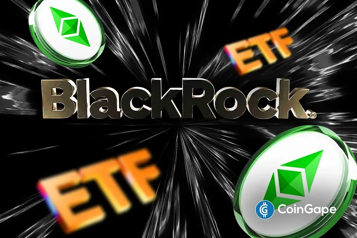 BlackRock logo surrounded by Ethereum staking ETF visuals highlighting rising institutional interest.