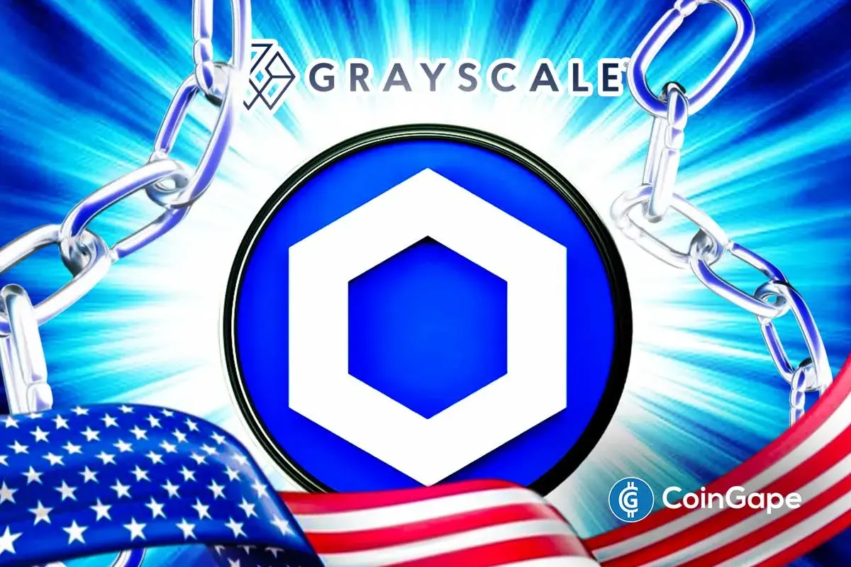 Chainlink logo framed by chains and U.S. flag as Grayscale launches America’s first Chainlink-based ETF.