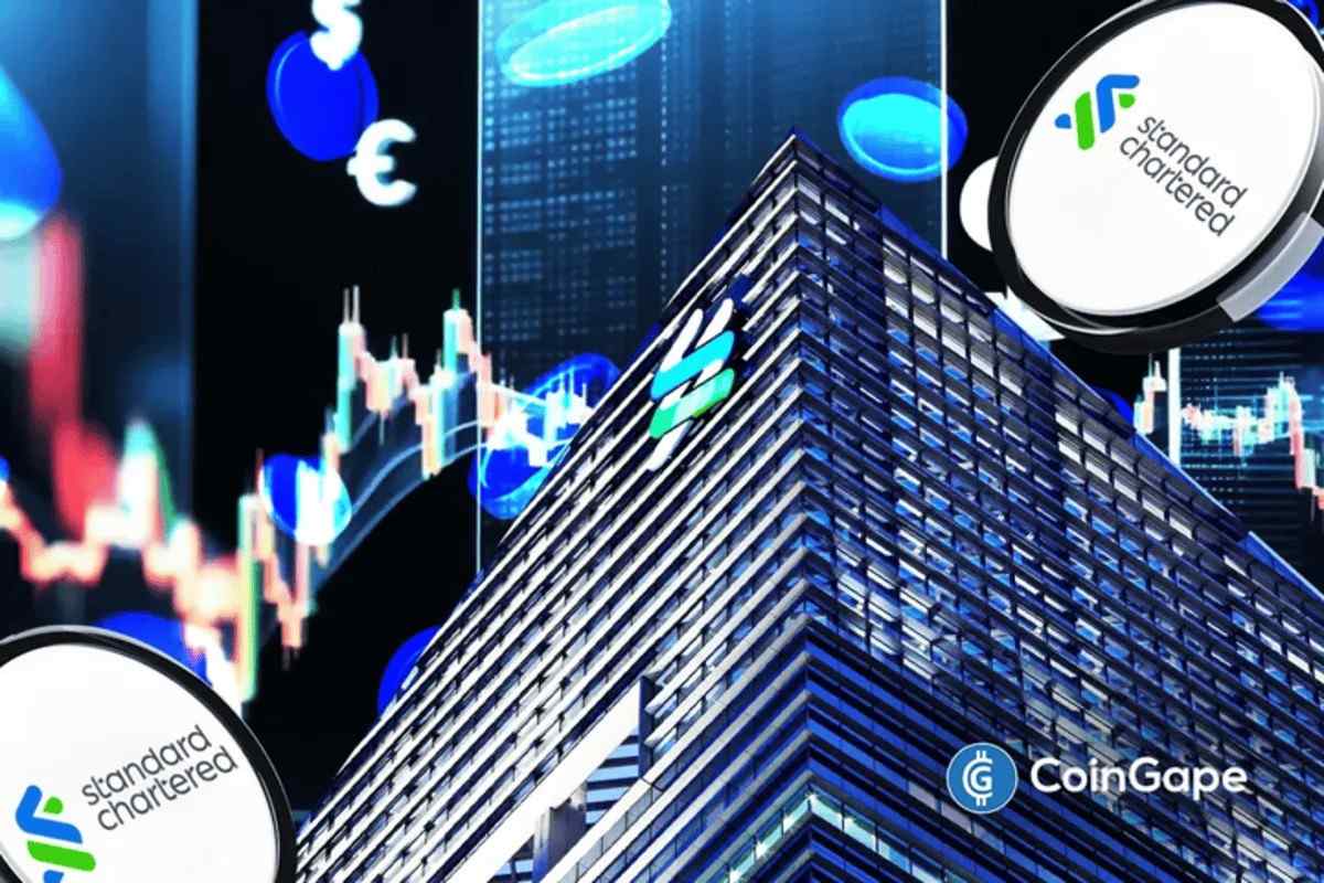 Standard Chartered headquarters with crypto charts as bank plans prime brokerage expansion for institutional crypto trading