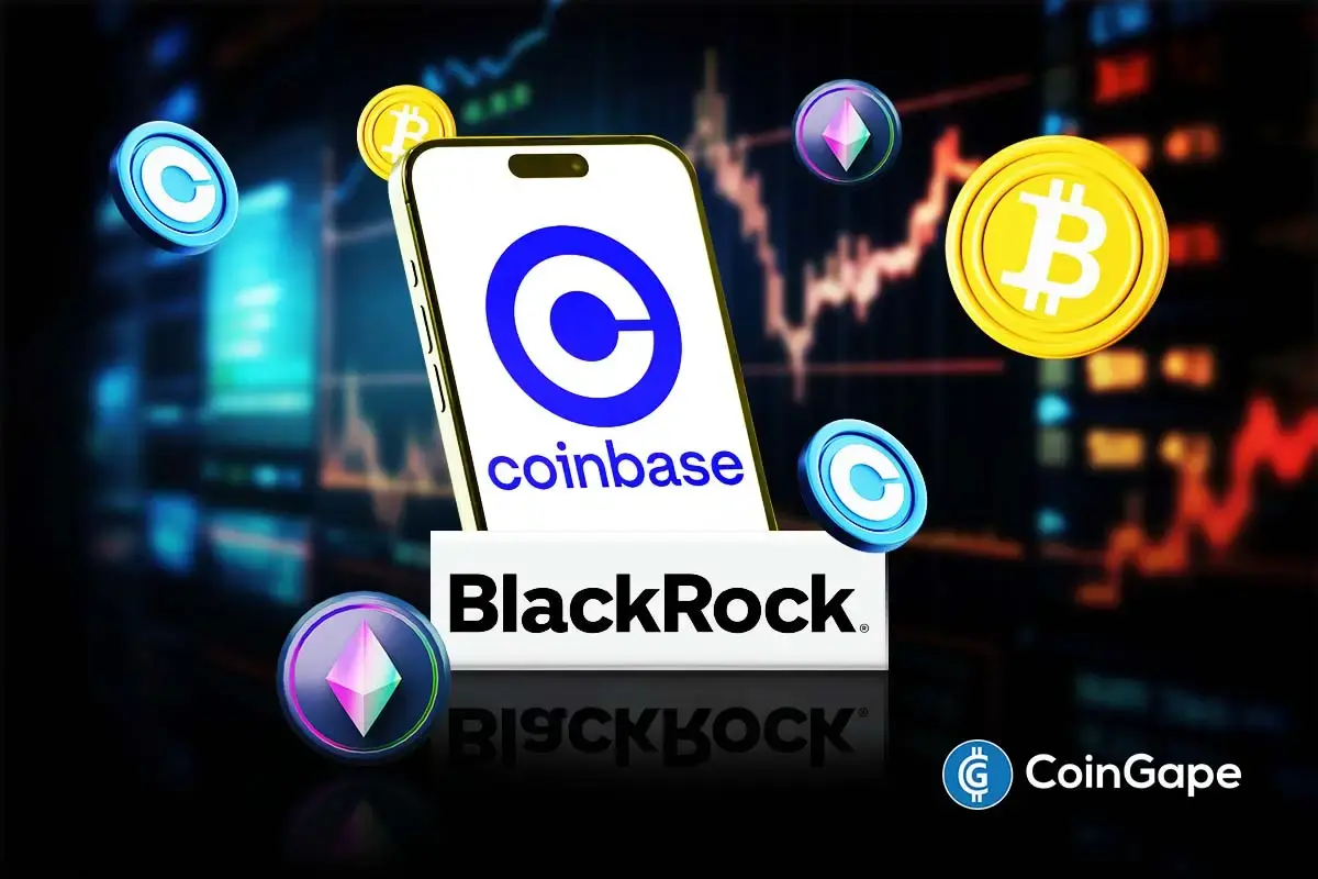 an image of BlackRock, Coinbase, Bitcoin, and Ethereum logos