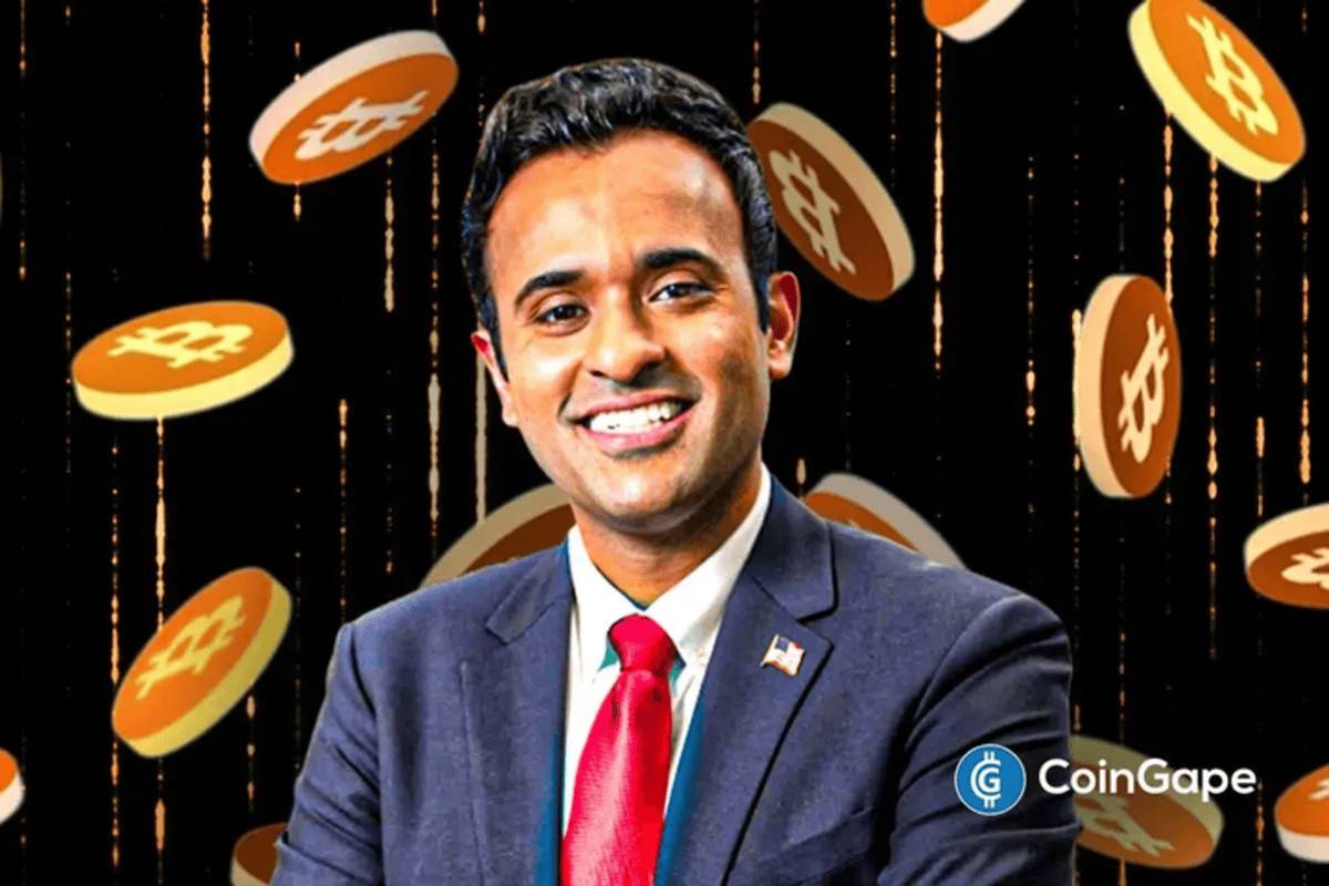 Vivek Ramaswamy appears as Bitcoin symbols fall behind him, reflecting growing corporate focus on Bitcoin treasury strategies.