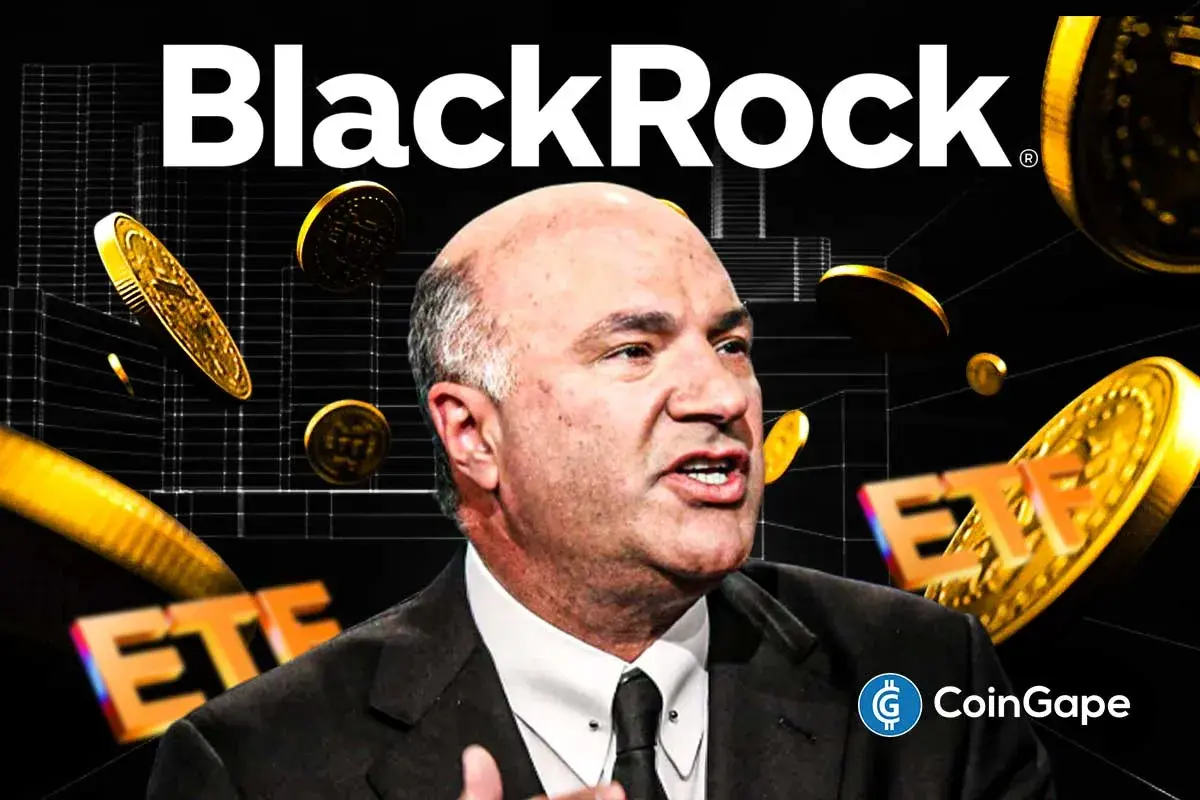 BlackRock ETF graphic with Kevin O’Leary and Bitcoin tokens highlighting institutional crypto selling pressure