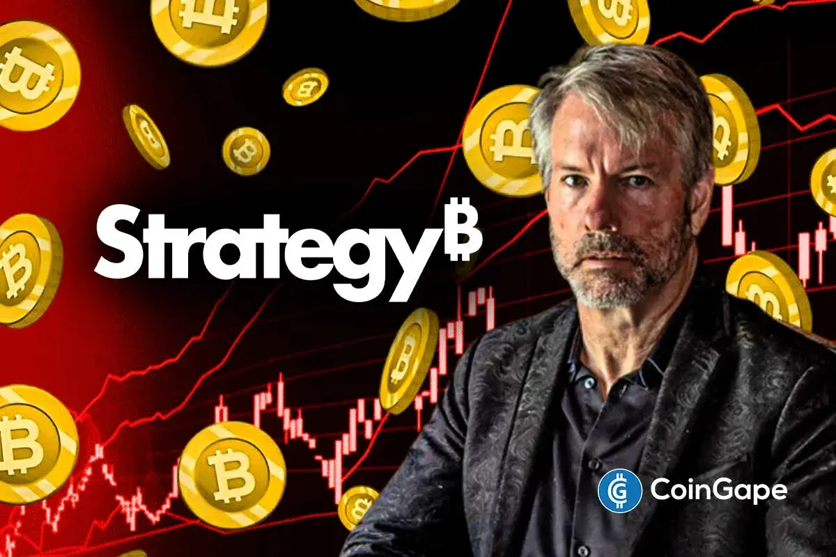 Michael Saylor with Bitcoin graphics and Strategy branding illustrating the company’s commitment to holding and buying more BTC